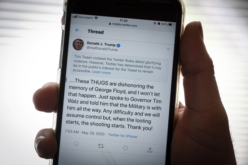 Twitter señala un tuit de Trump sobre protestas de Minneapolis por "glorificar la violencia"