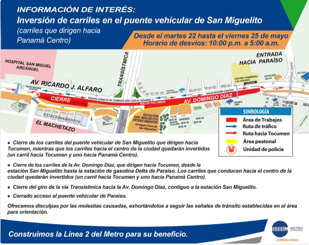 Desde este martes habrá inversión de carriles en el puente vehicular de San Miguelito
