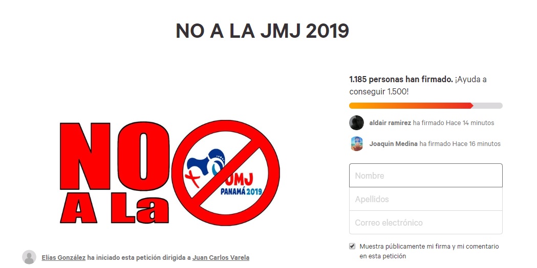 Recopilan firmas virtuales para que no se celebre en Panamá la JMJ 2019