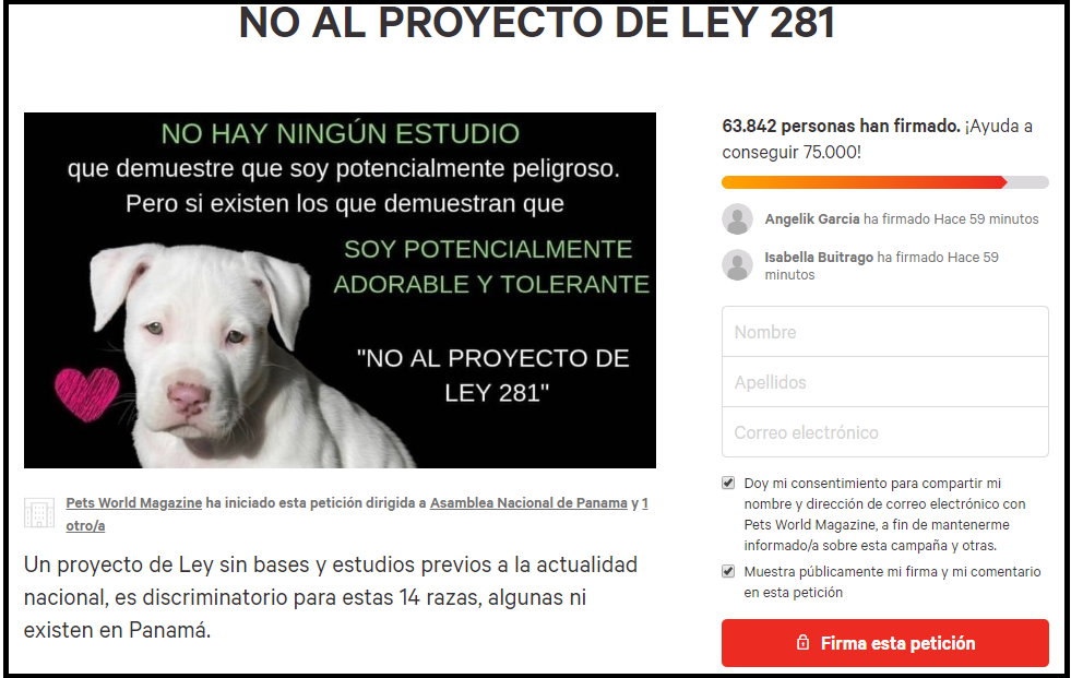 Crean petición en línea para rechazar proyecto de Ley 281 sobre perros peligrosos