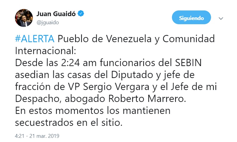 Juan Guaidó denuncia detención de jefe de despacho y de su abogado