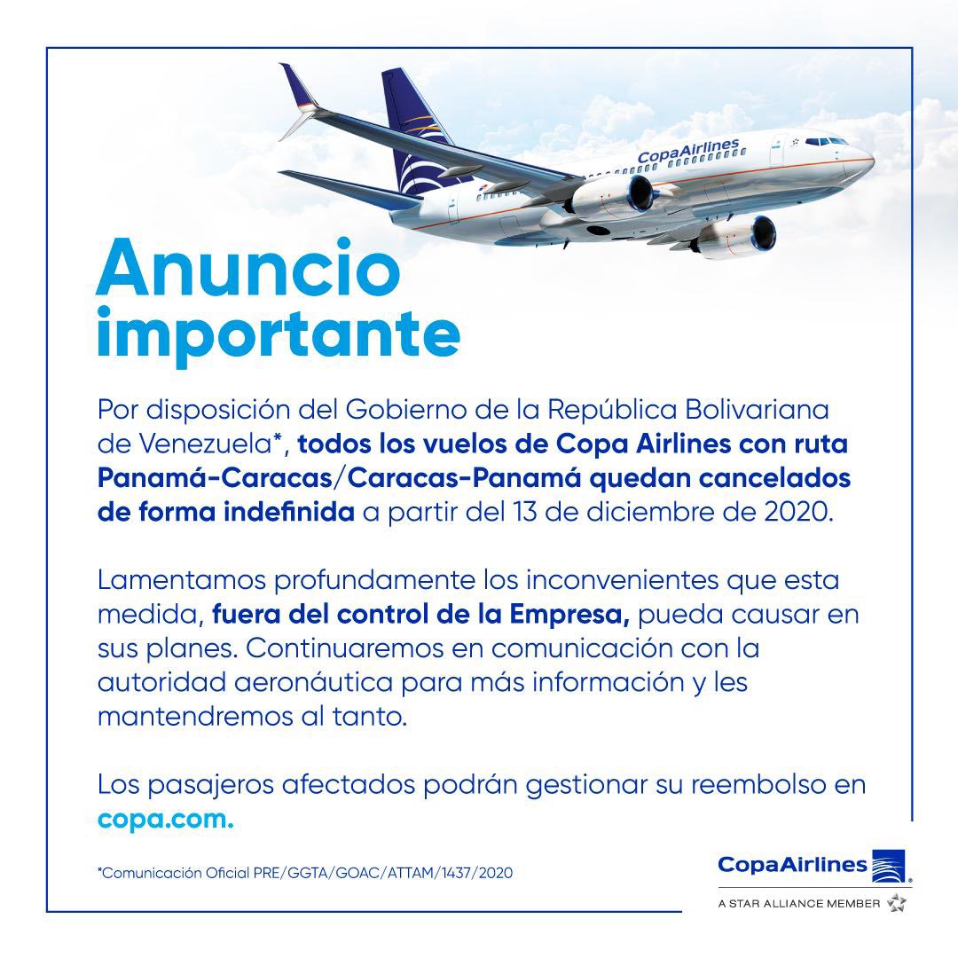 Aerolíneas confirman suspensión de vuelos entre Panamá y Venezuela En