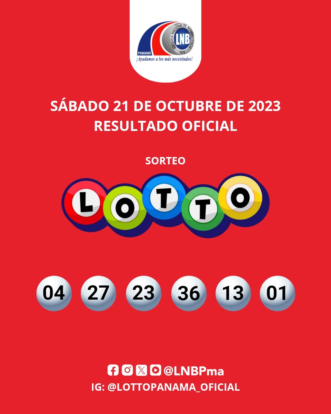 Resultado oficial del sorteo Lotto, sábado 21 de octubre de 2023