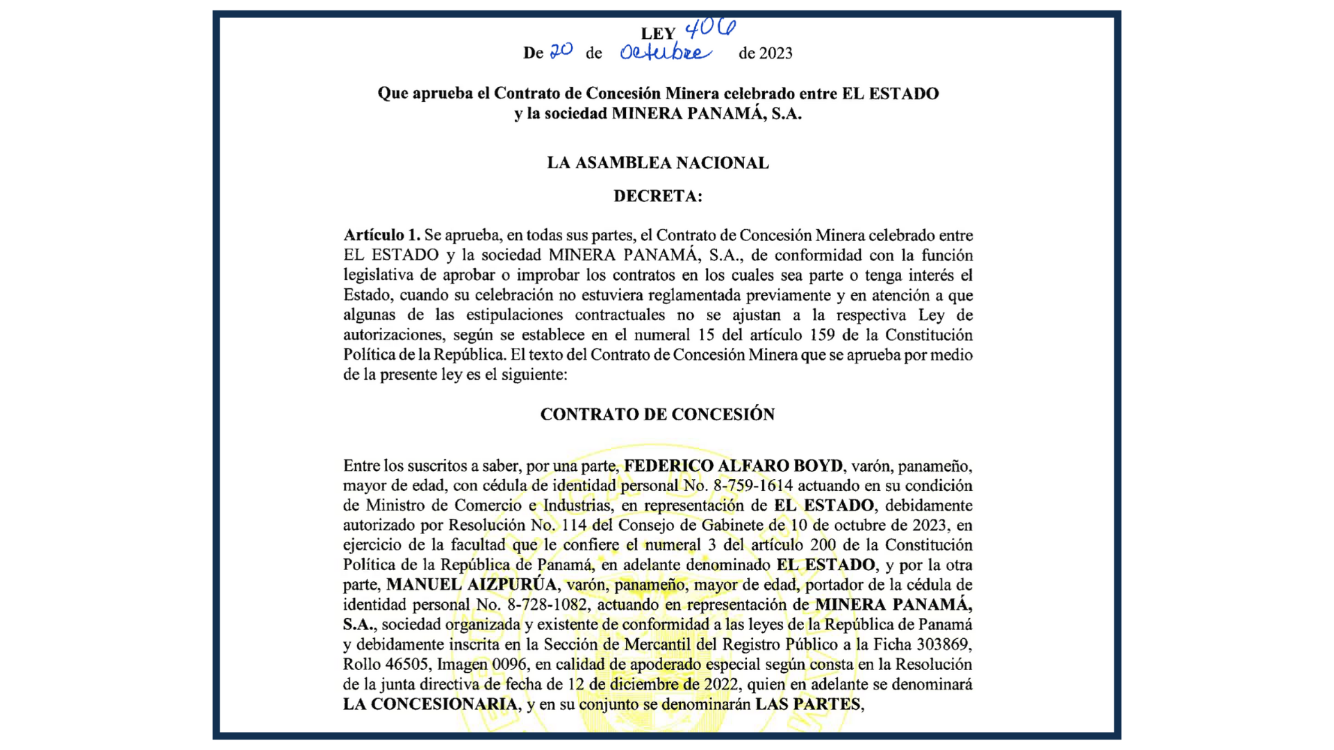 Ley 406 que aprueba Contrato de Concesión Minera, está publicada en Gaceta Oficial Digital