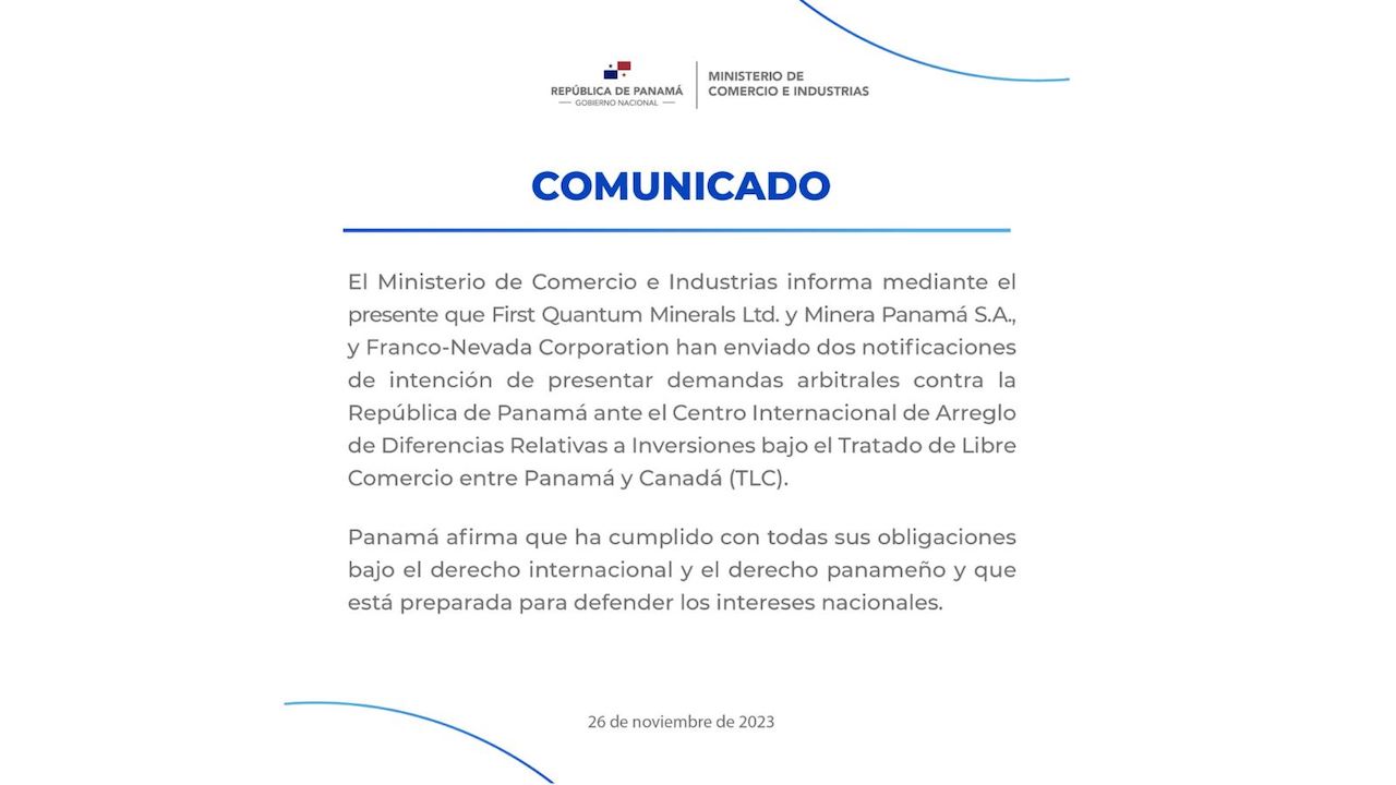 MICI informó recibo de dos notificaciones de intención de presentar demandas arbitrales contra Panamá