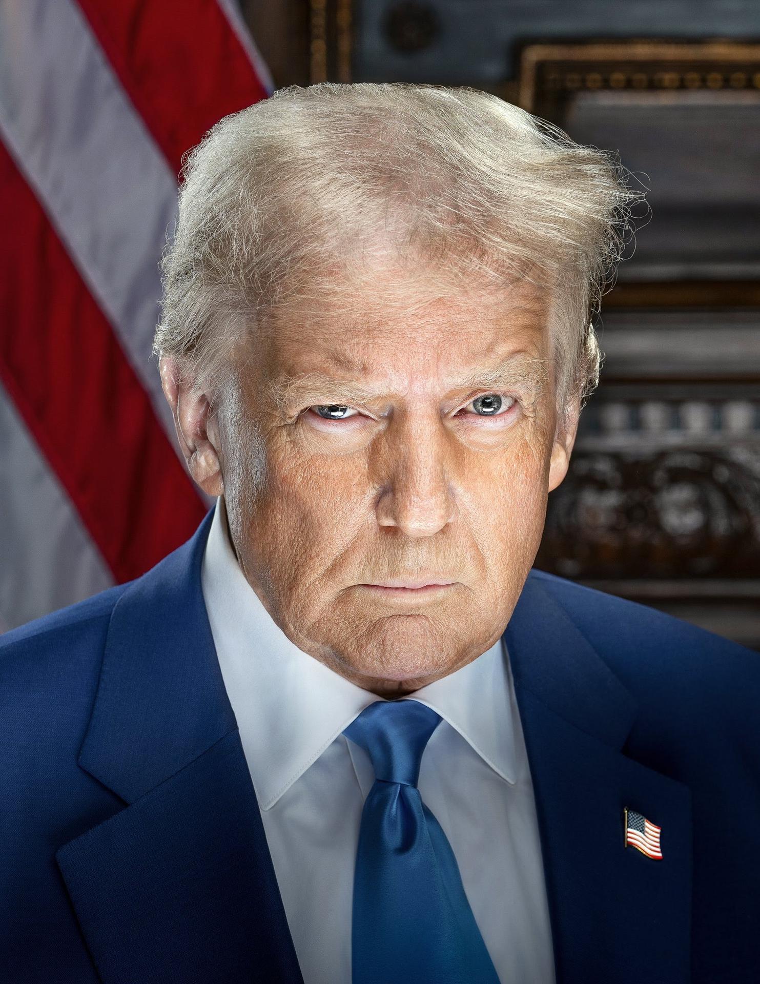 Retrato oficial de Trump como presidente, a medio camino entre su ficha policial y el Juego del Calamar