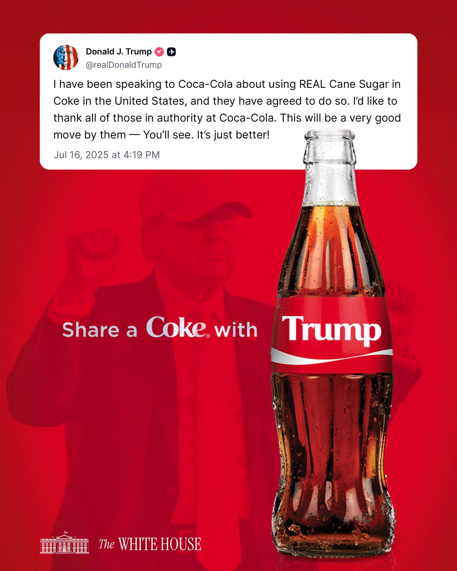 Trump anuncia que Coca-Cola acepta usar azúcar de caña real en EE UU