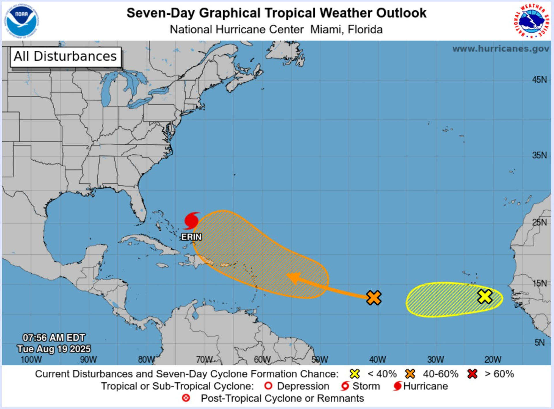 Huracán Erin categoría 3 amenaza Bahamas y Carolina del Norte