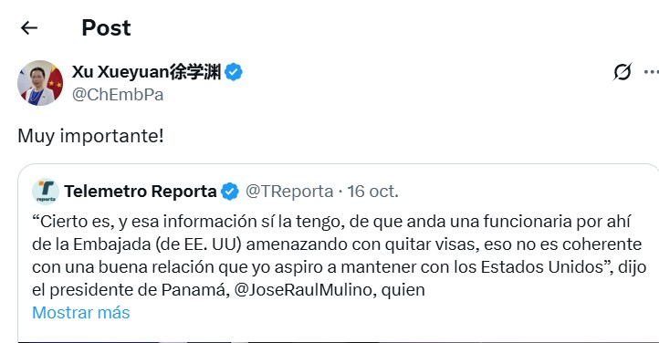 Embajadora de China respalda a Mulino tras denuncias sobre presiones de EE UU