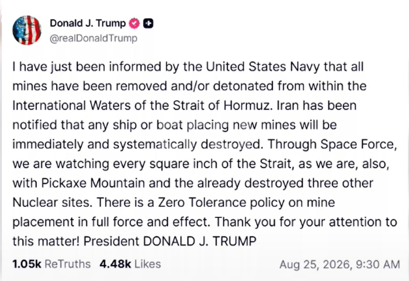 Trump dice que ya no hay minas en Ormuz y advierte a Irán sobre colocar nuevos explosivos