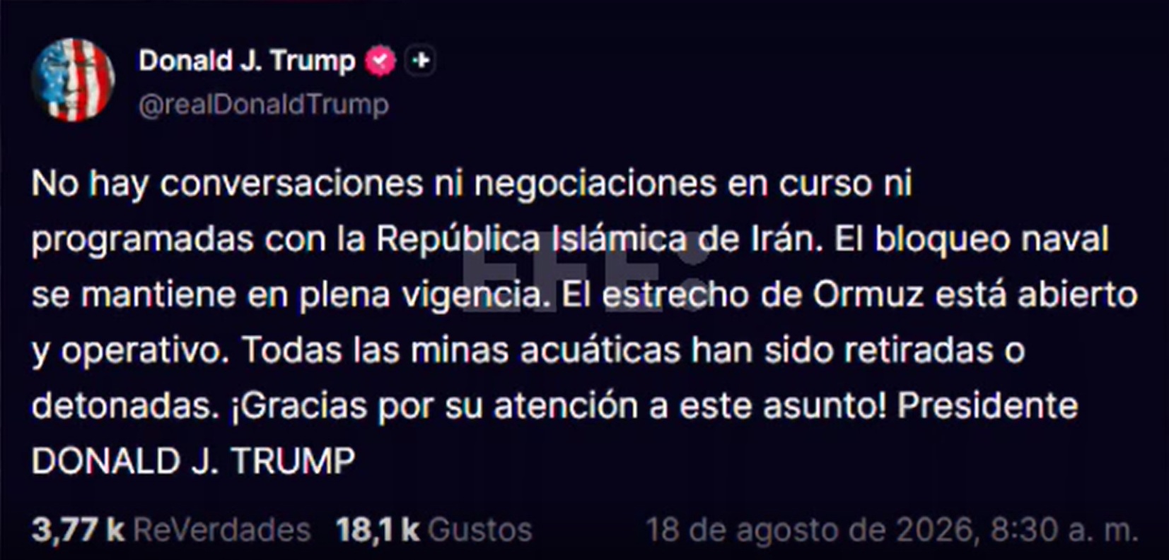 Trump dice que no hay conversaciones "en curso ni programadas" con Irán