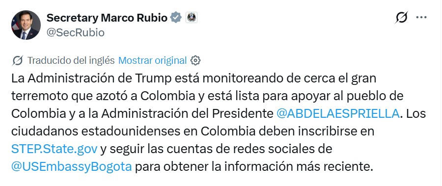 Estados Unidos ofrece apoyo a Colombia tras el potente terremoto de magnitud 7,4