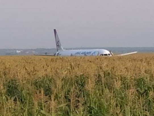 Avión de línea ruso efectúa aterrizaje de emergencia en un campo de maíz