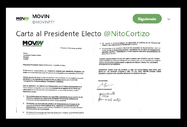 Movin pide a presidente electo Cortizo, cumplir sus promesas de campaña
