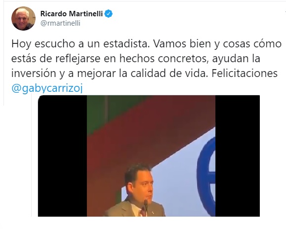Ricardo Martinelli elogia  en Twitter al vicepresidente  "Gaby" Carrizo
