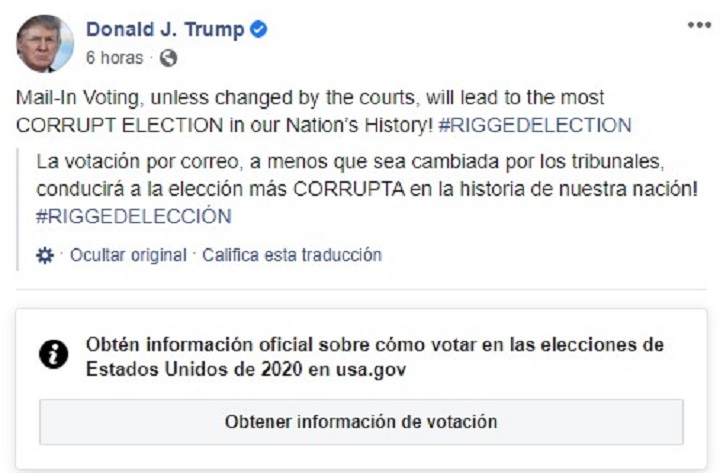 Facebook adjunta nota en mensaje de Trump sobre elecciones "corruptas"
