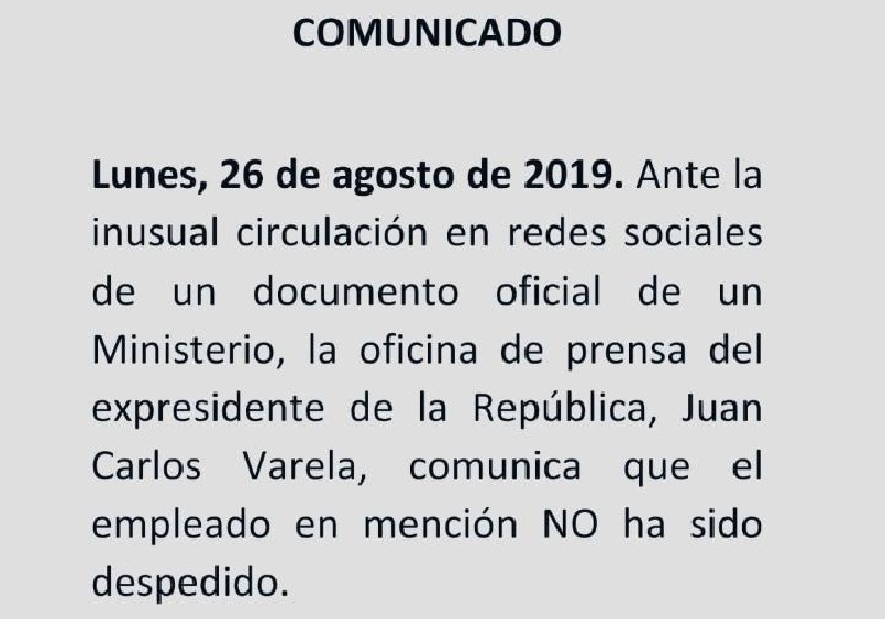 Expresidente Varela desmiente supuesto despido injustificado de uno de sus colaboradores
