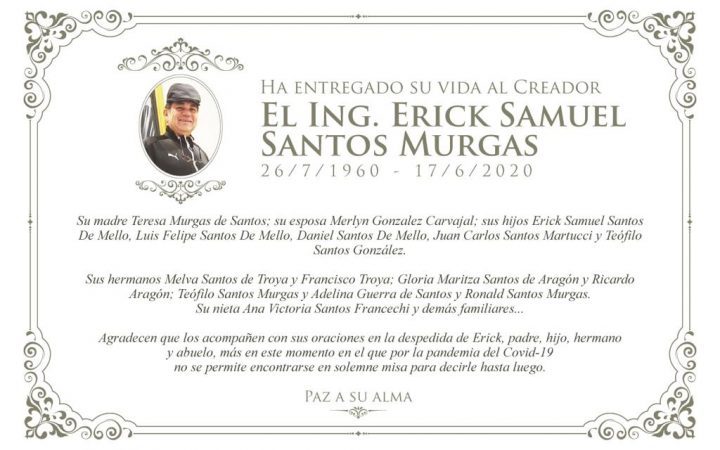 Sentido pésame por el fallecimiento del Ing. Erick Samuel Santos Murgas