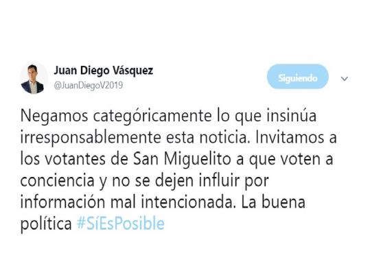 Candidato Juan Diego Vázquez dice que publicación es "mal intencionada"