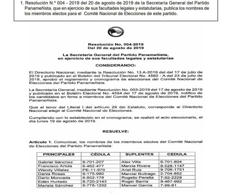 Publican nombres del nuevo CNE del Panameñista