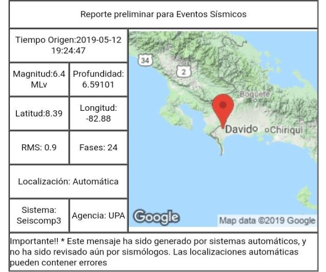 Se reporta temblor de 6.5Mw en Puerto Armuelles