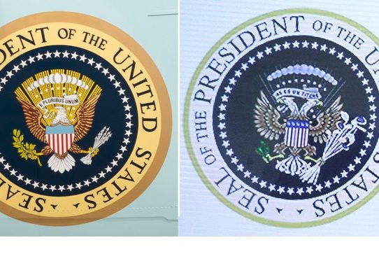 Cómo Trump acabó en un escenario con un sello presidencial falso